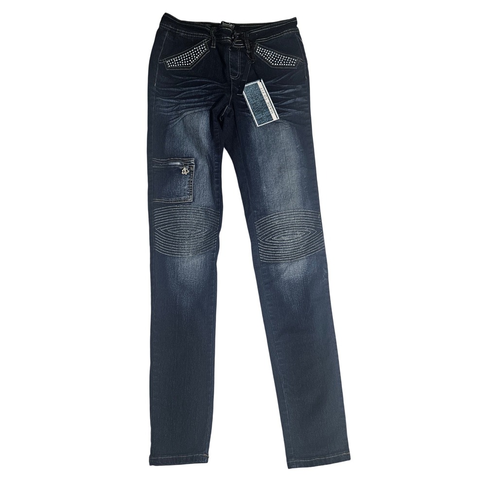 Dereon Womens Skinny Jeans Dark Wash Moto Knee Studded Fleur De Lis NWT 9/10